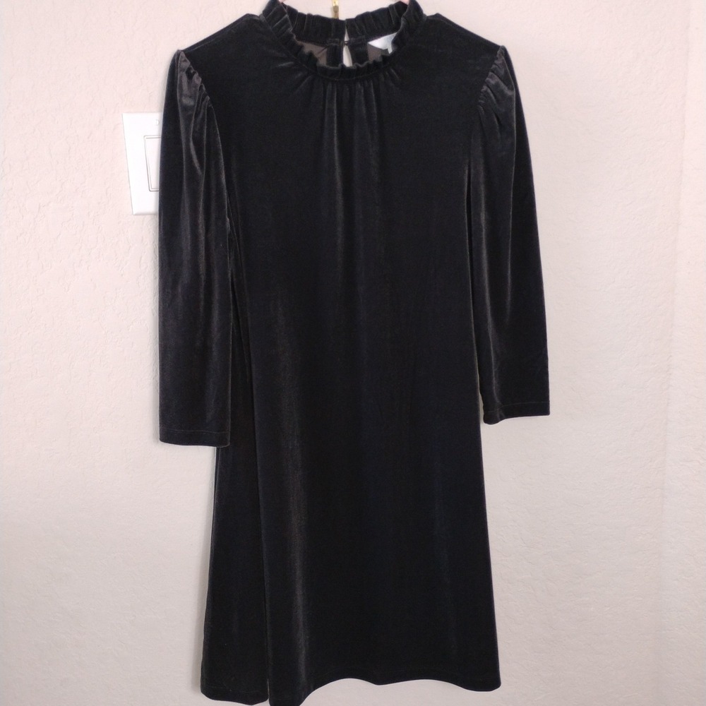 Time and Tru Black Velvet Ruffle Neck 3/4 Sleeve Shift Mini Dress Small 4-6